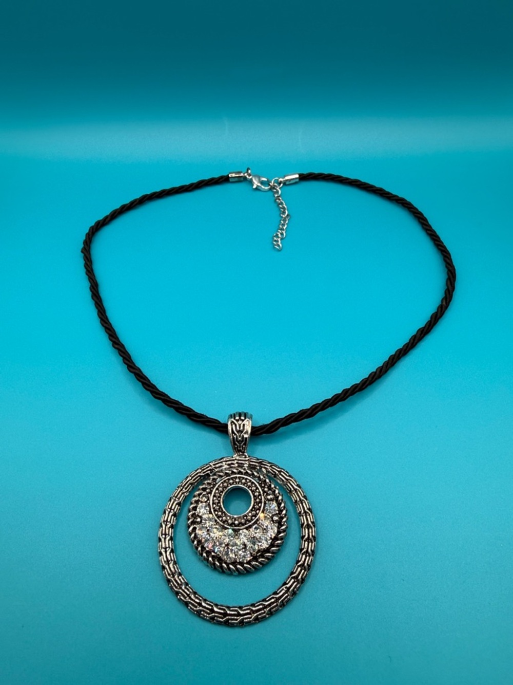 Silver-Tone Crystal Circle‎ Pendant Necklace in Black